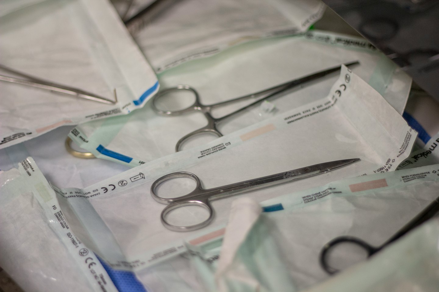 Instrumentos médicos estériles ordenados cuidadosamente en su empaque.